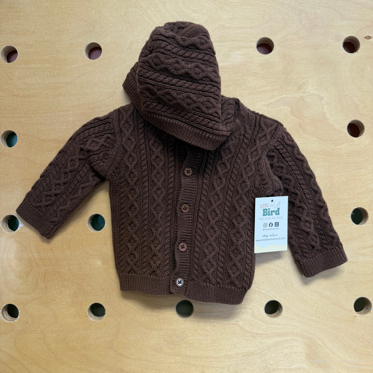 Brown Cotton Hooded Knit Button Sweater