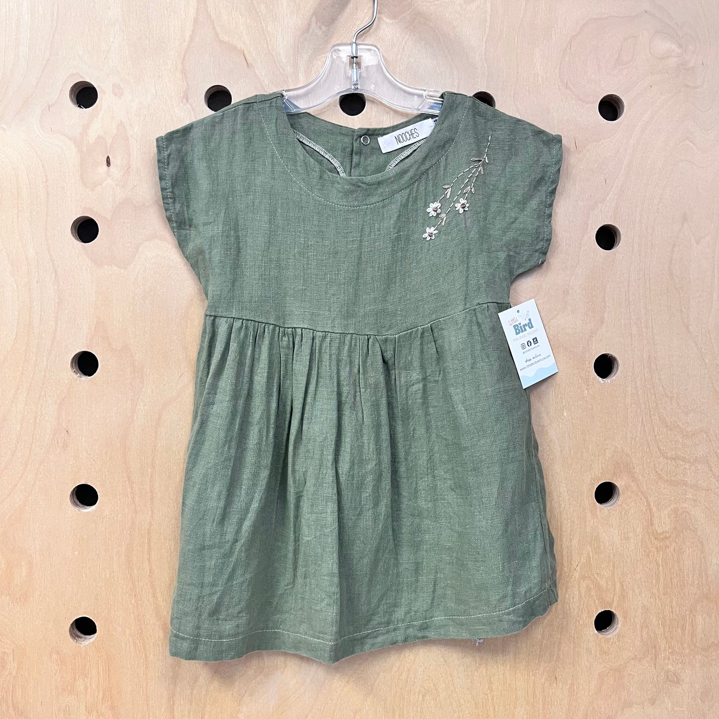 Green Linen Embroidered Flower Dress