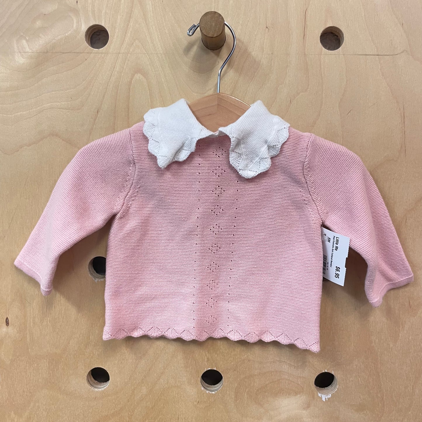 Pink Pointelle Knit Collared Sweater