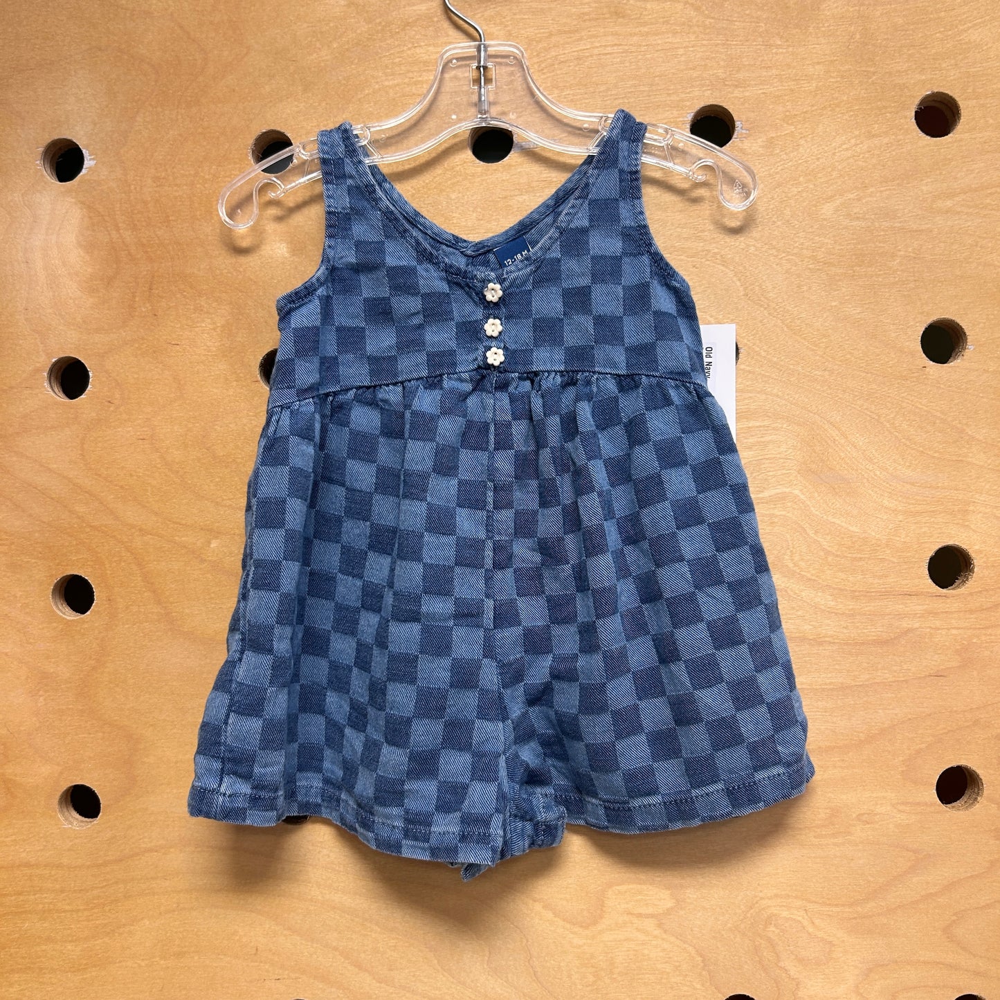 Denim Checkered Flower Buttons Romper