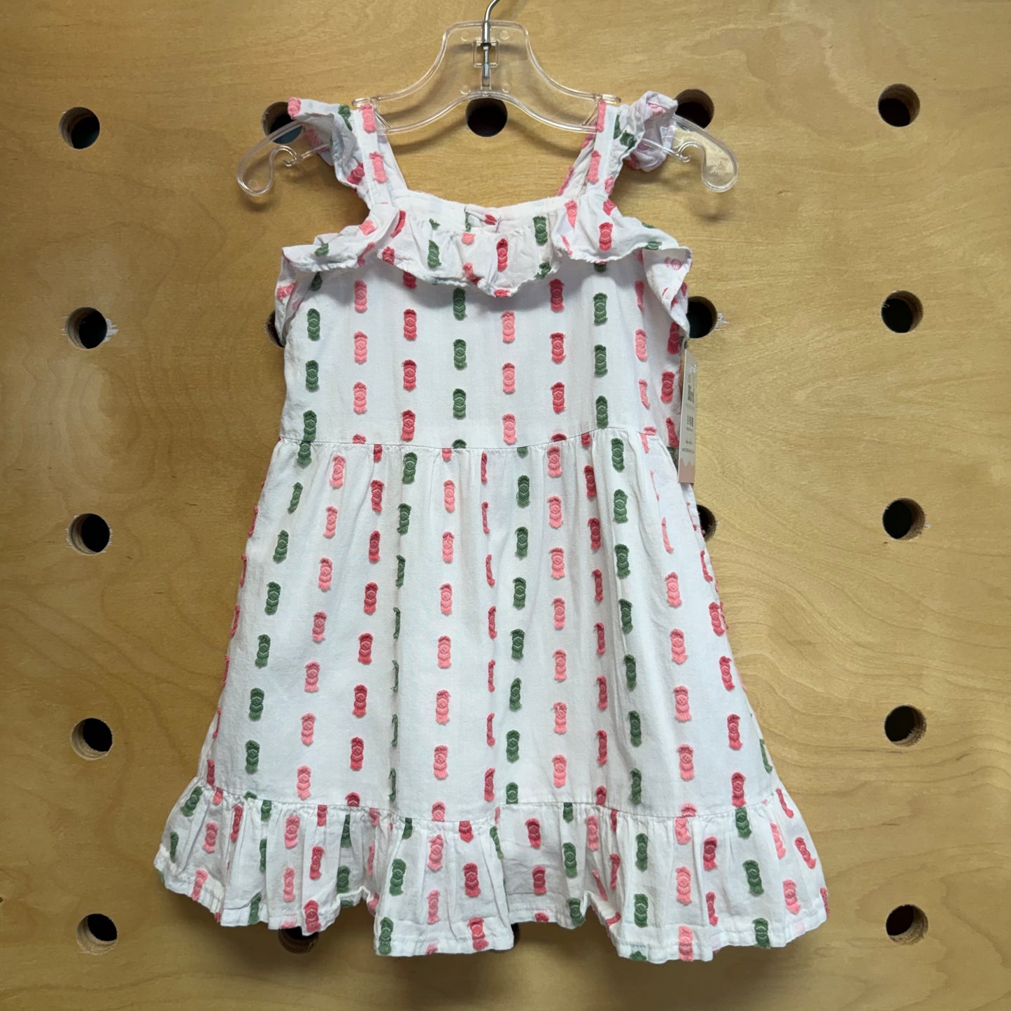 White / Pink & Green Embroidered Dress