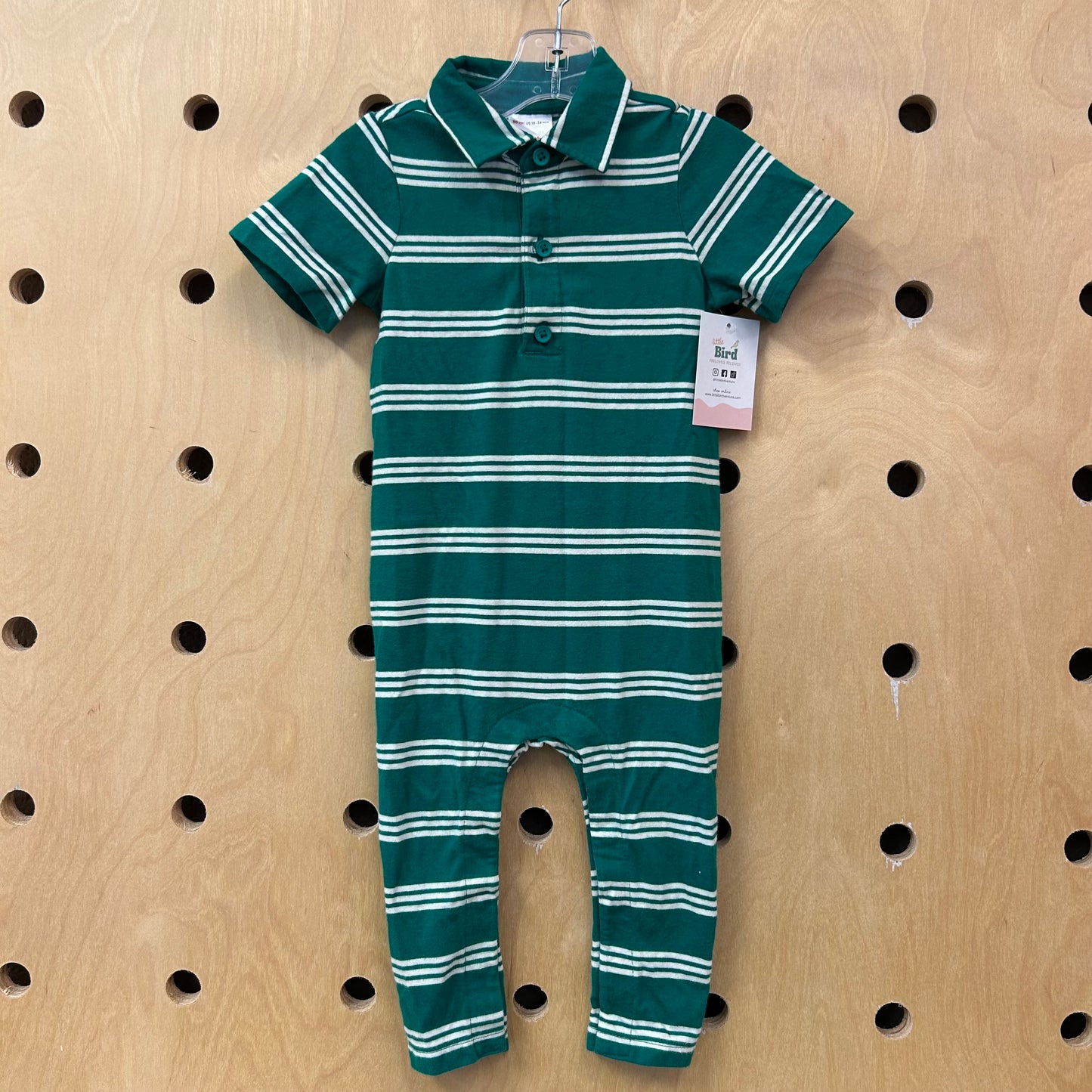 Green & White Cotton Striped Romper