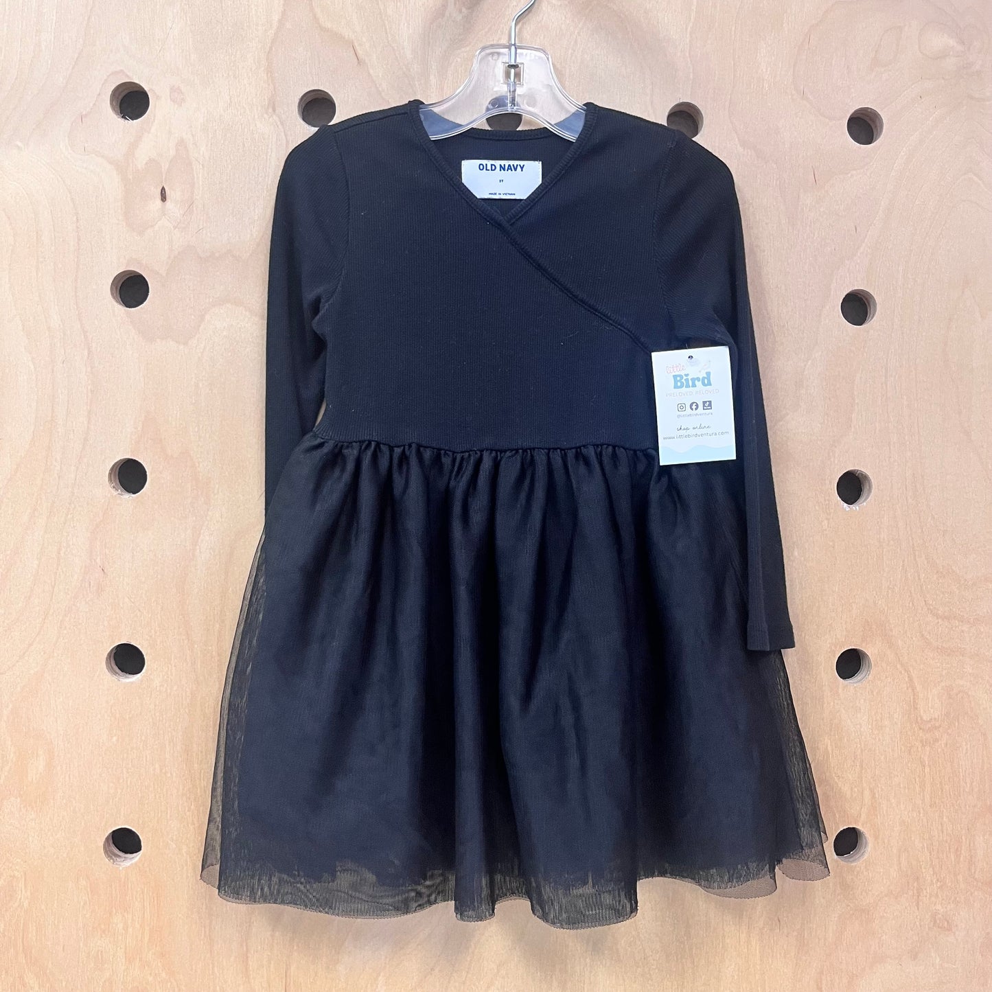 Black Tulle/Ribbed LS Dress