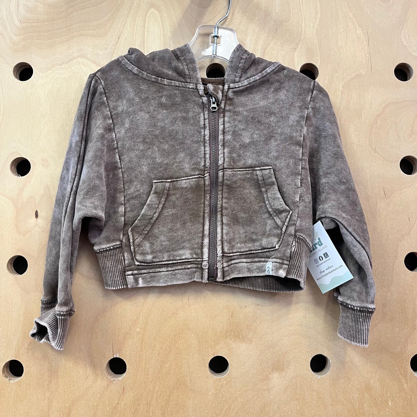Brown Washed Cropped Zip Hoodie
