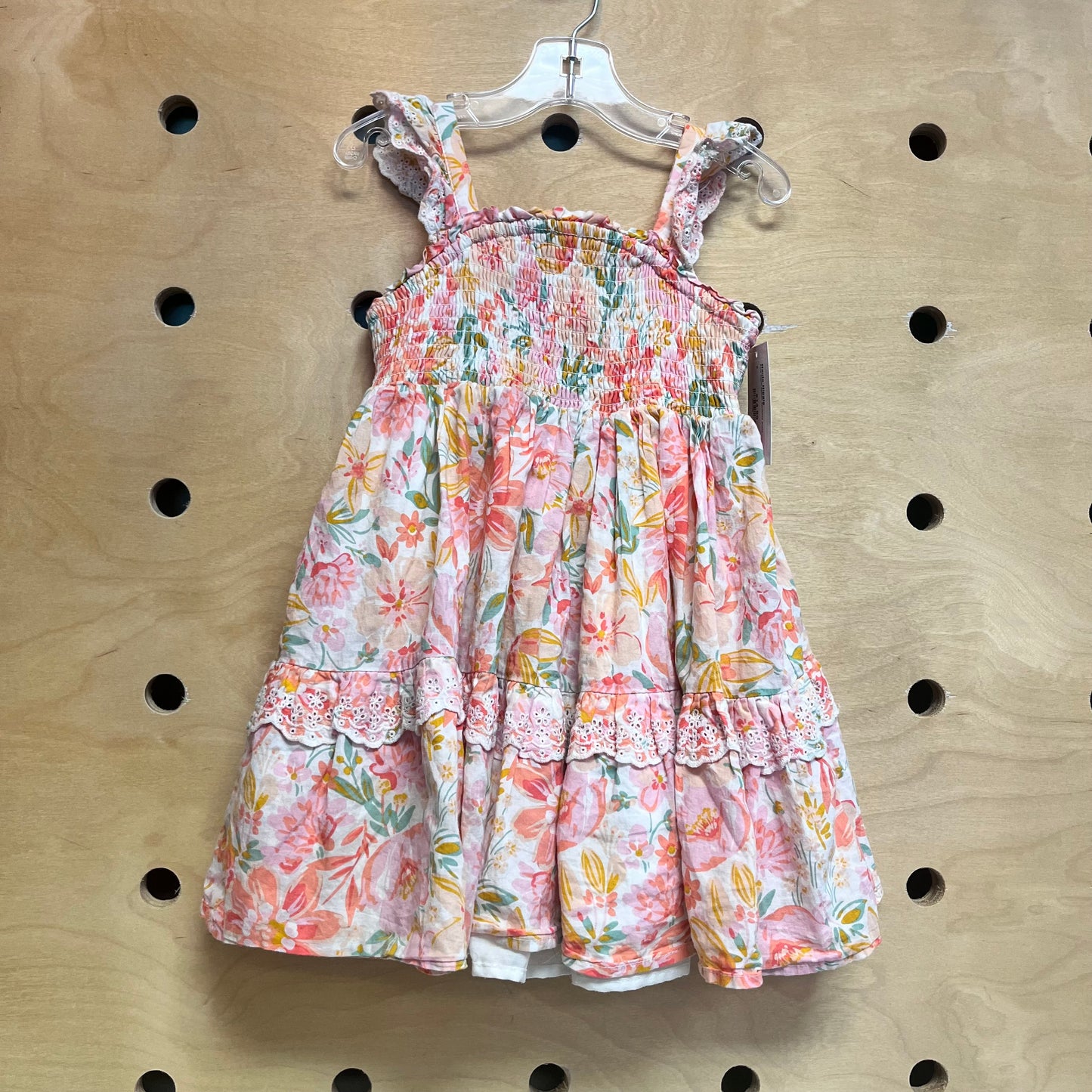 Pink Floral Eyelett Smocked Dress