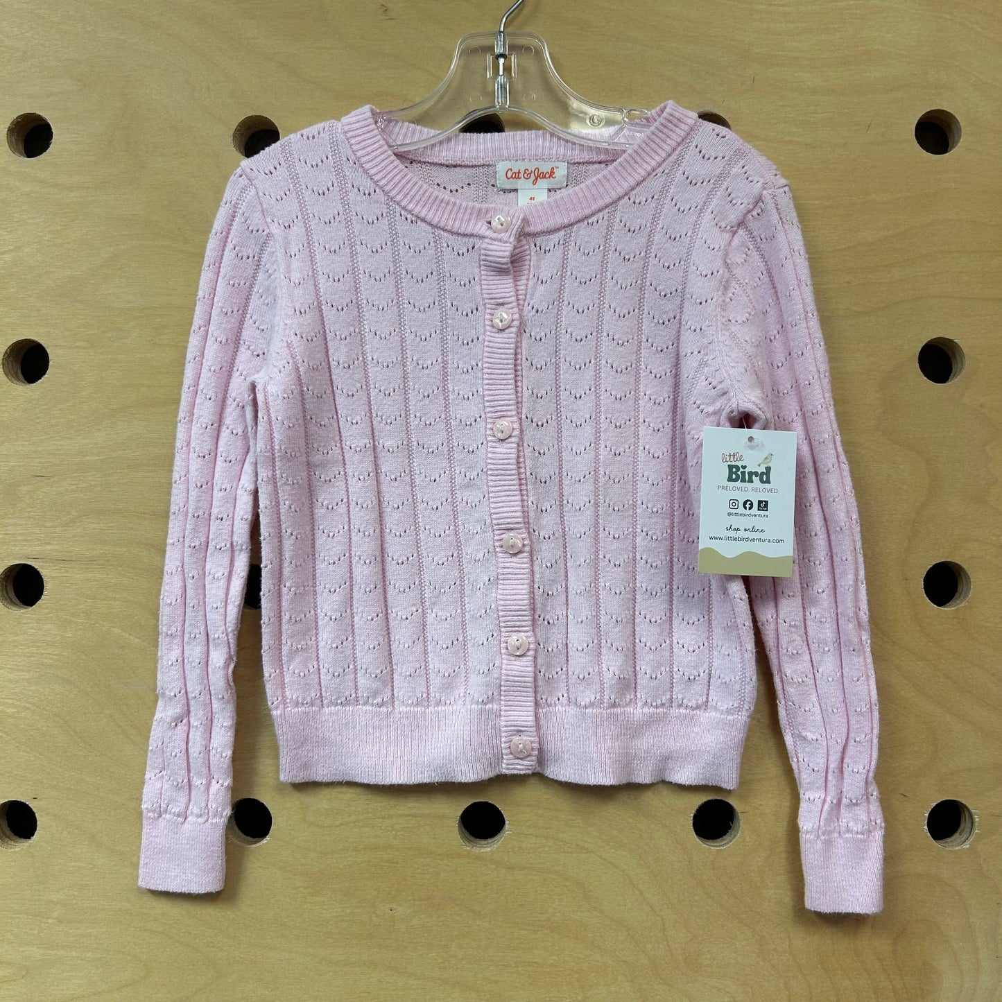 Pink Pointelle Button LS