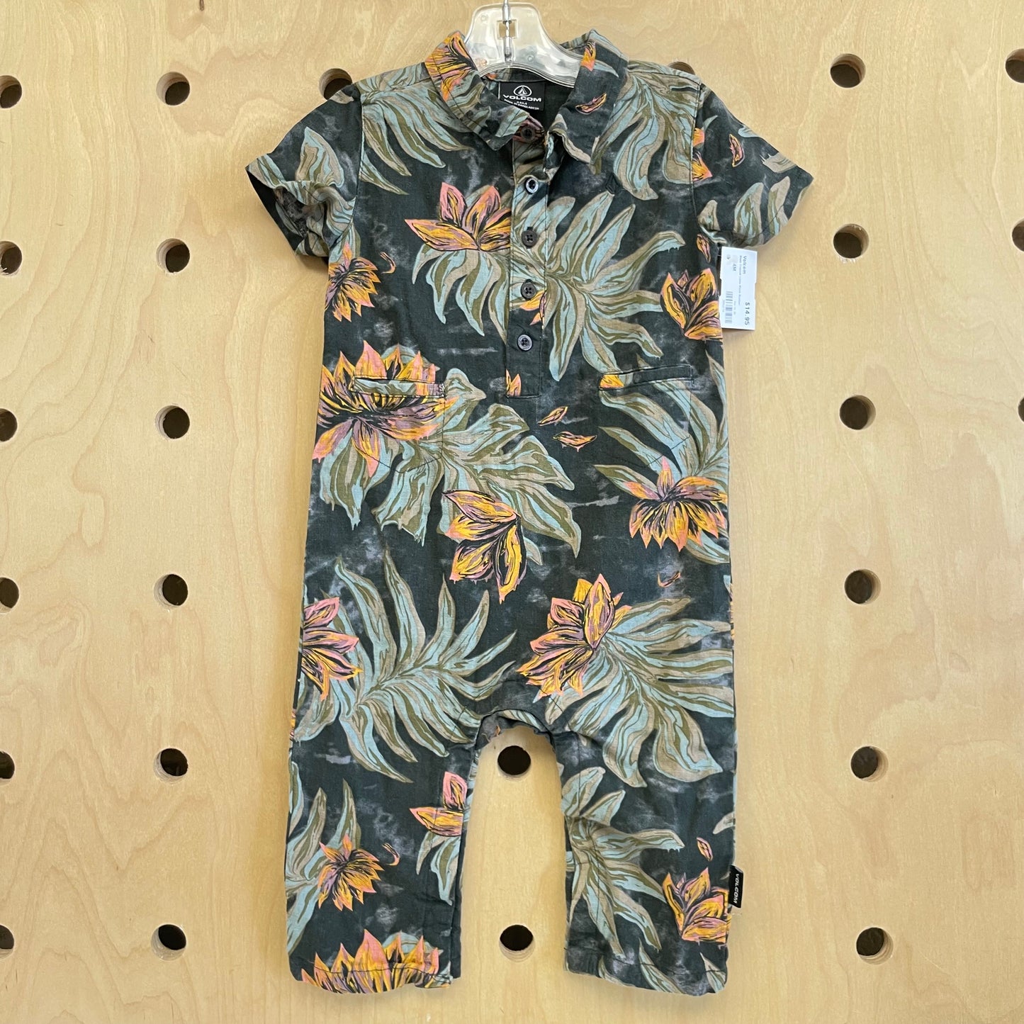 Black Tropical Linen Blend Romper