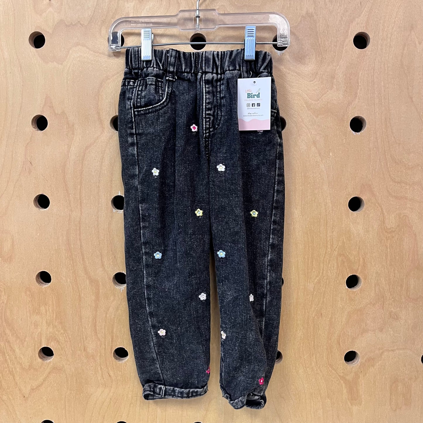 Embroidered Floral Black Pull On Denim