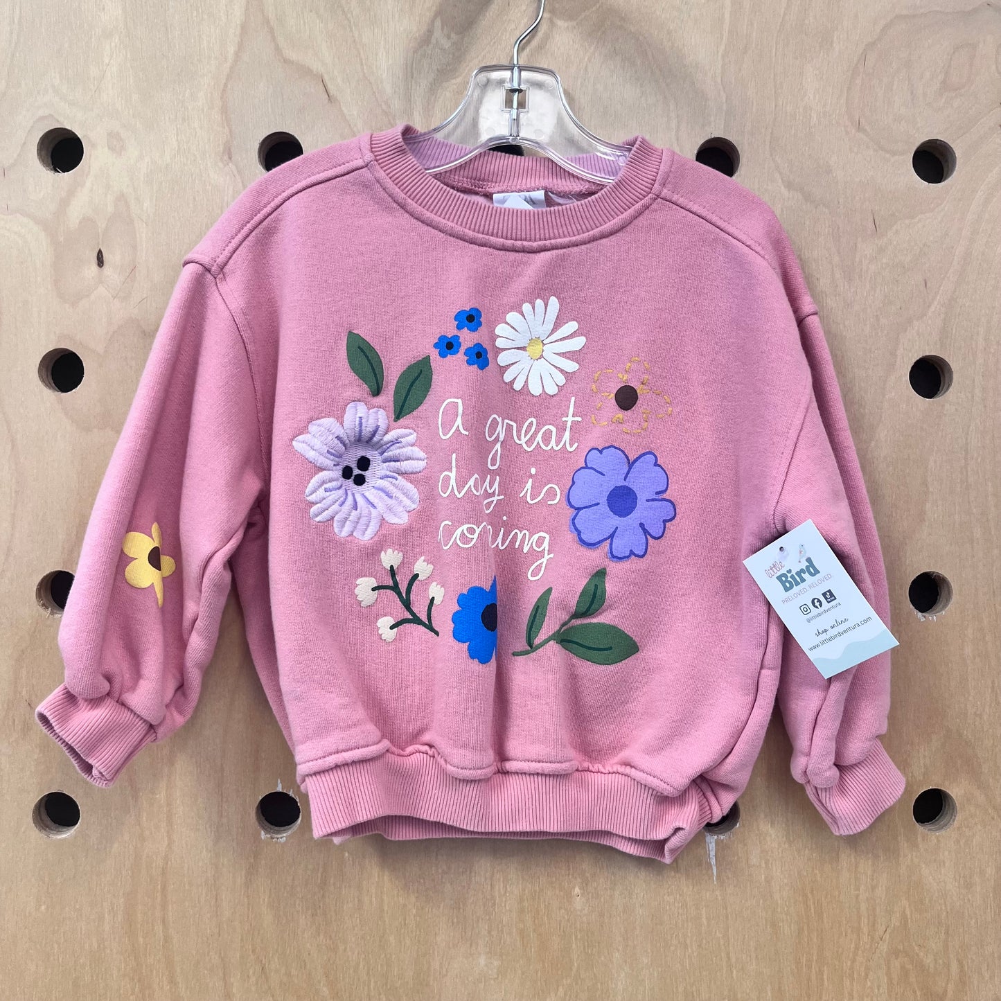 Pink Embroidered Flower Crewneck