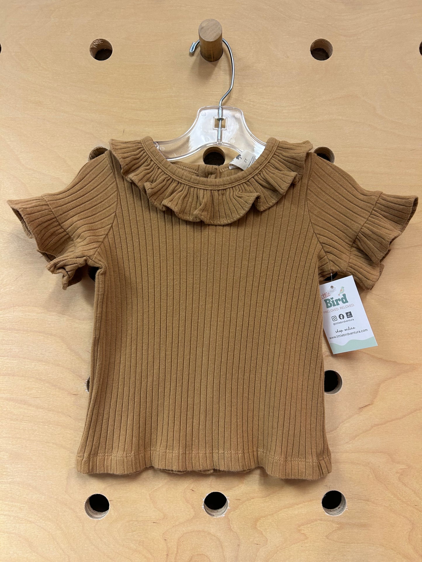 Organic Brown Ribbed Ruffle Top