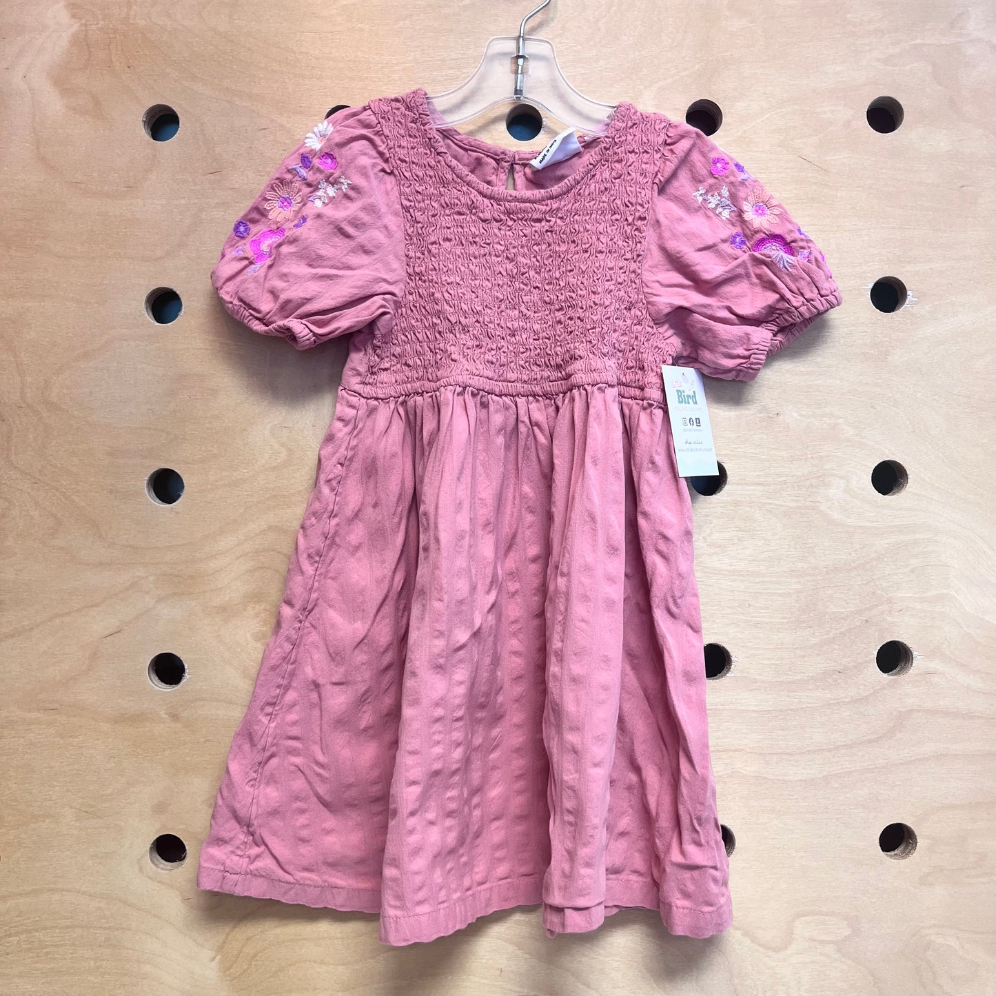 Pink Embroider Floral Sleeve Smock Dress