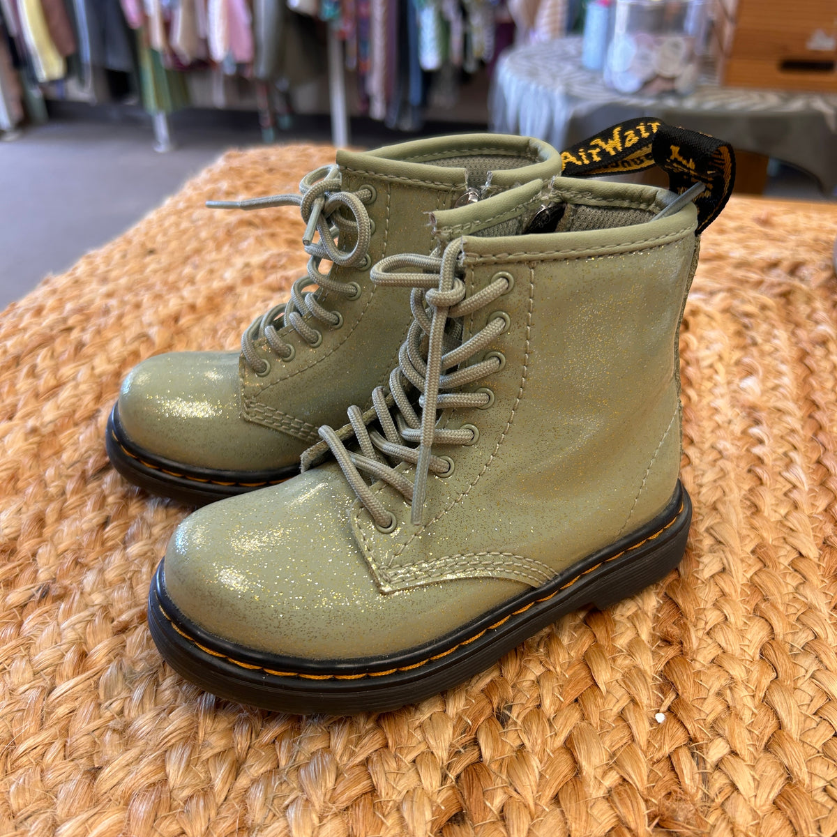 Sage Glitter Leather Combat Boots