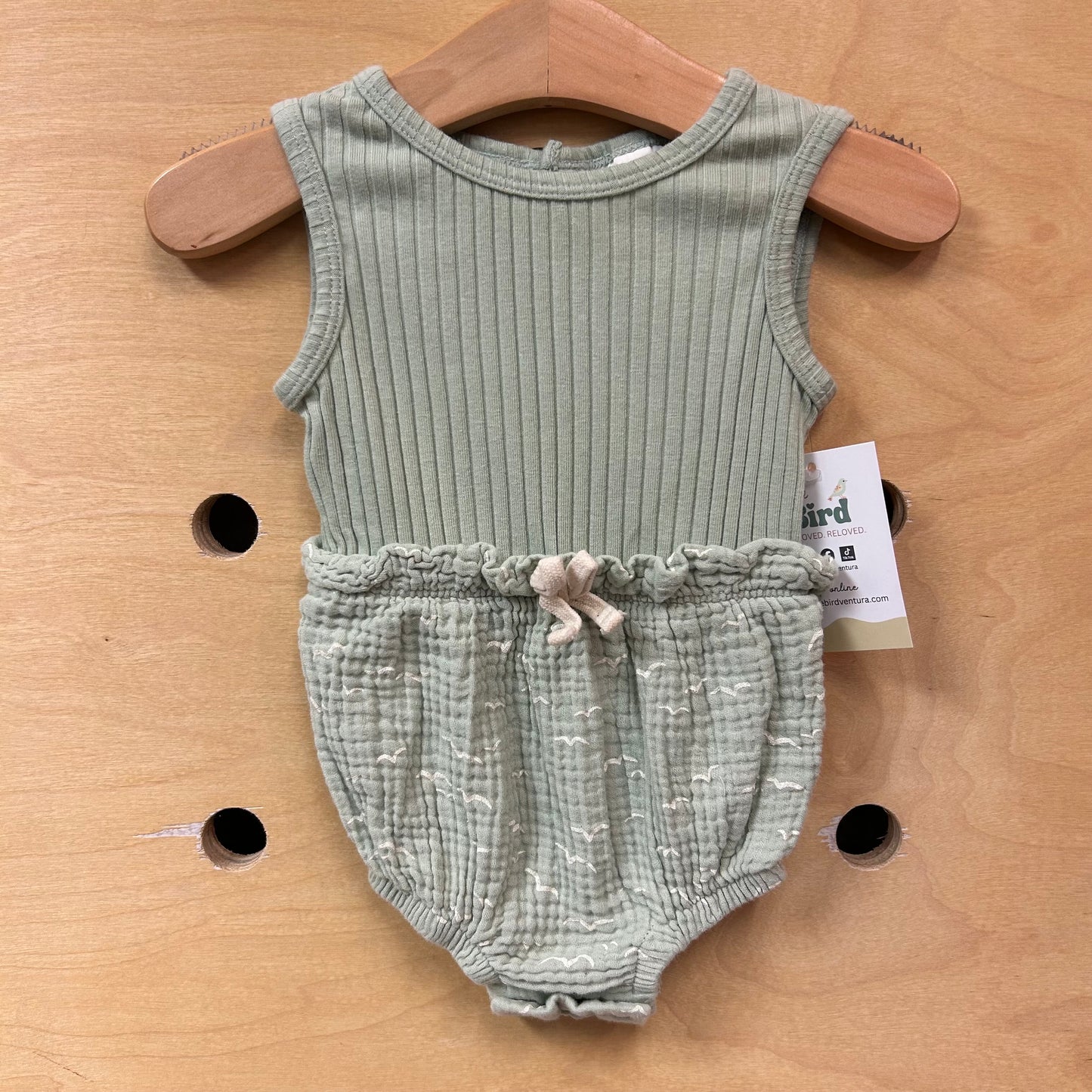 Seafoam Ribbed/Gauze Bird Romper