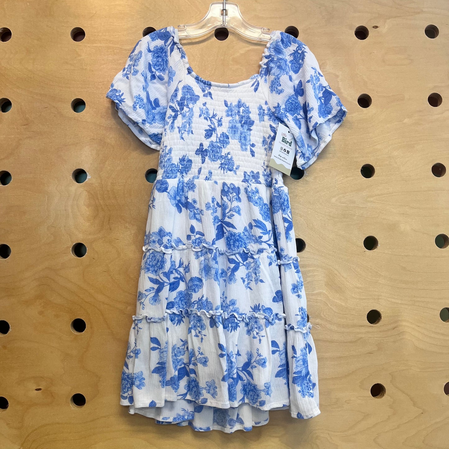 White/Blue Floral Smocked Crinkle Dress