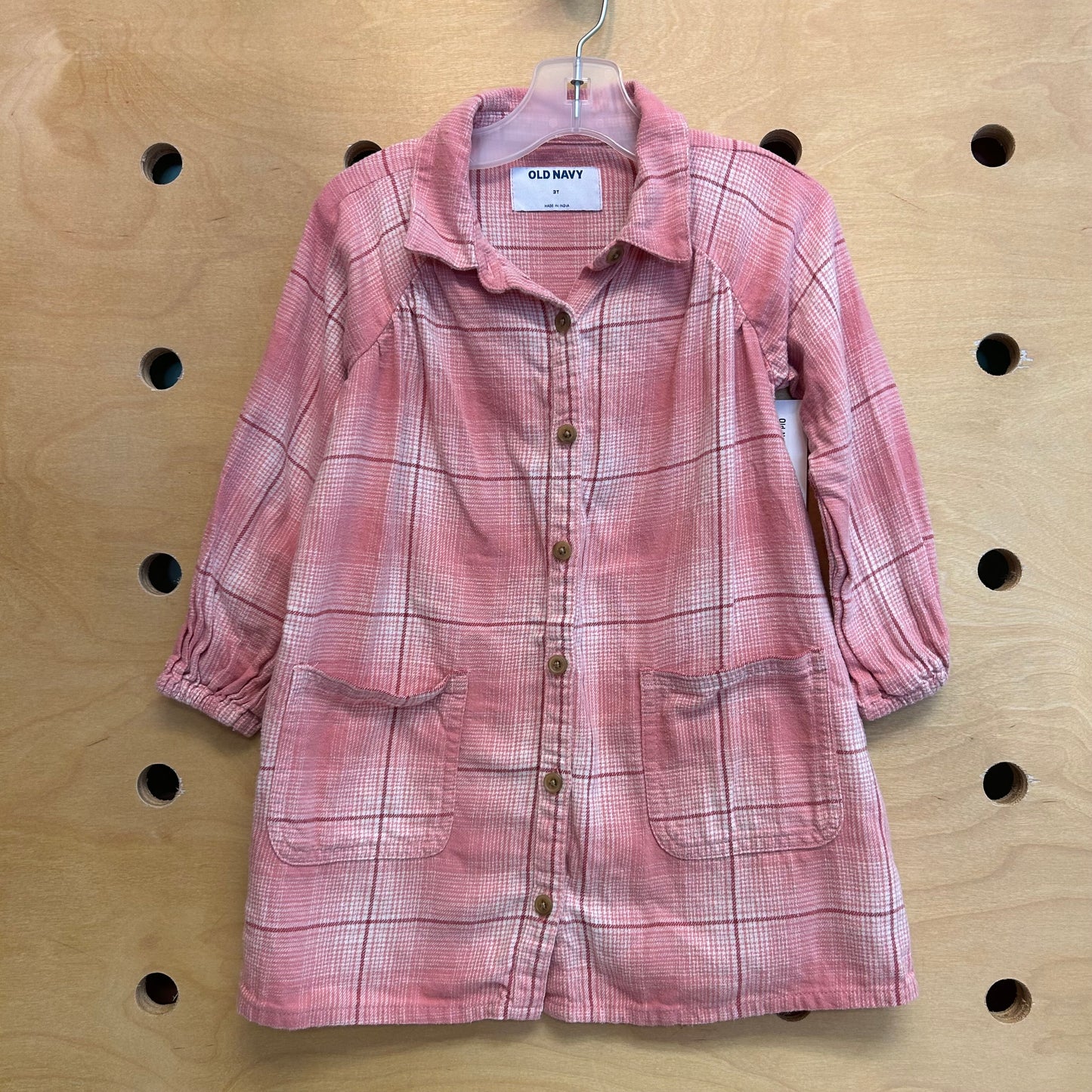 Pink Plaid Collar Pocket Cotton Dress