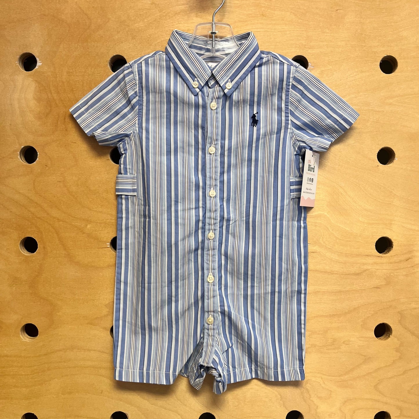 Blue/White Stripe Embroider Logo Romper
