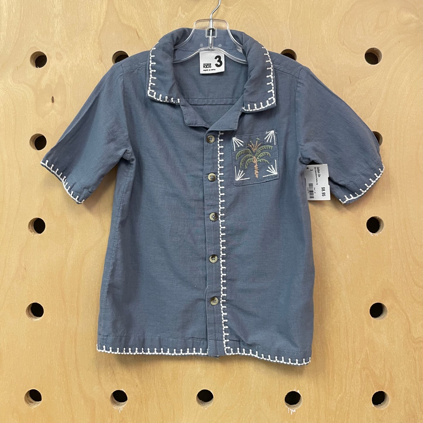 Blue Embroidered Button Up