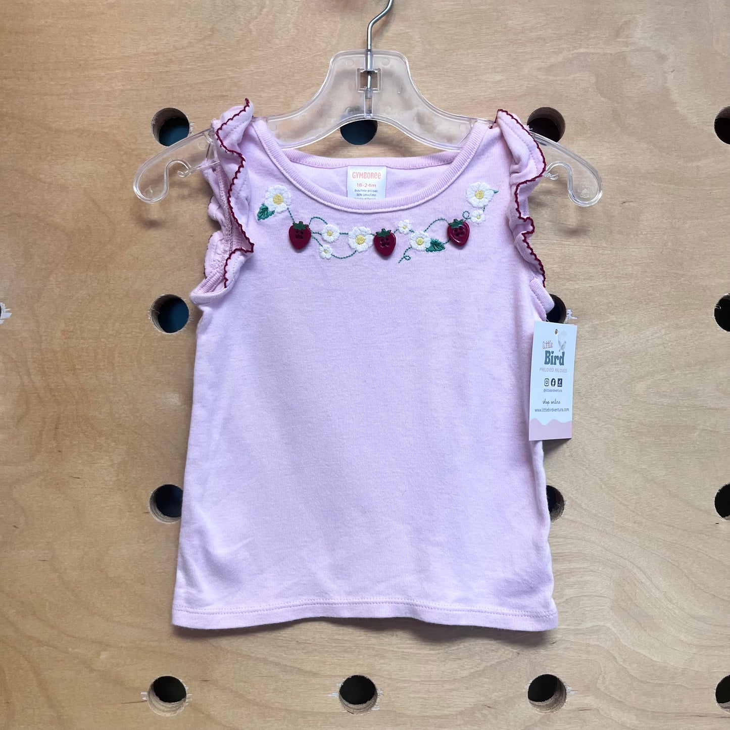 Pink Embroidered Floral/Straw-Button Tee