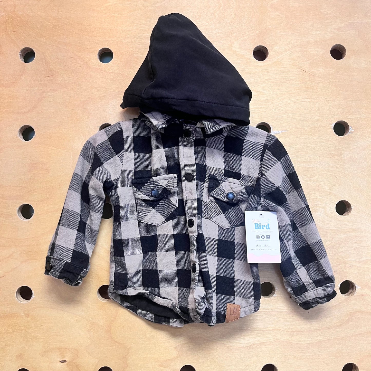 Grey/Black Plaid Hooded Snap Jacket