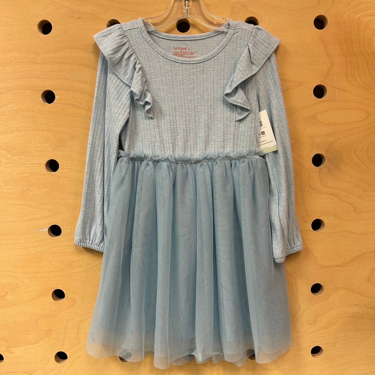 Blue Knit & Tulle Long Sleeve Dress
