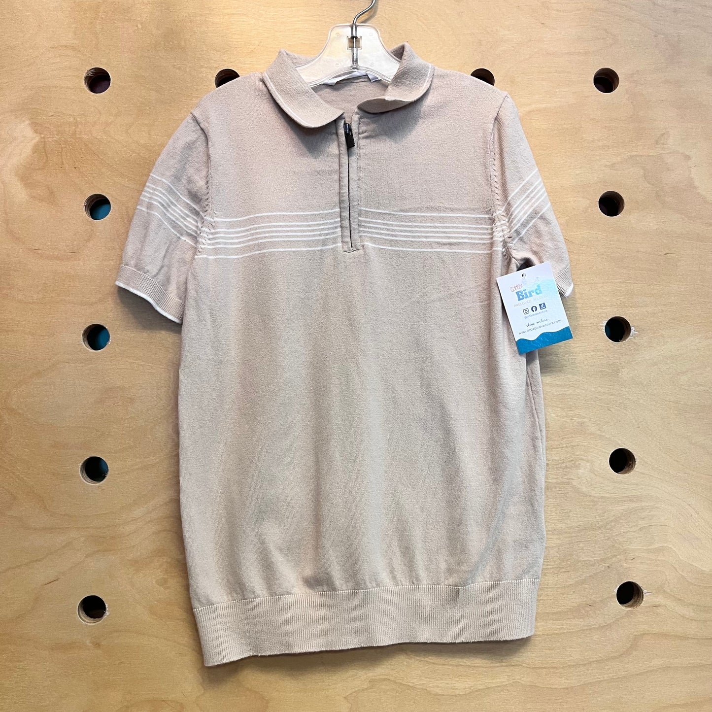 Tan/White Stripe 1/4 Zip Collar Tee