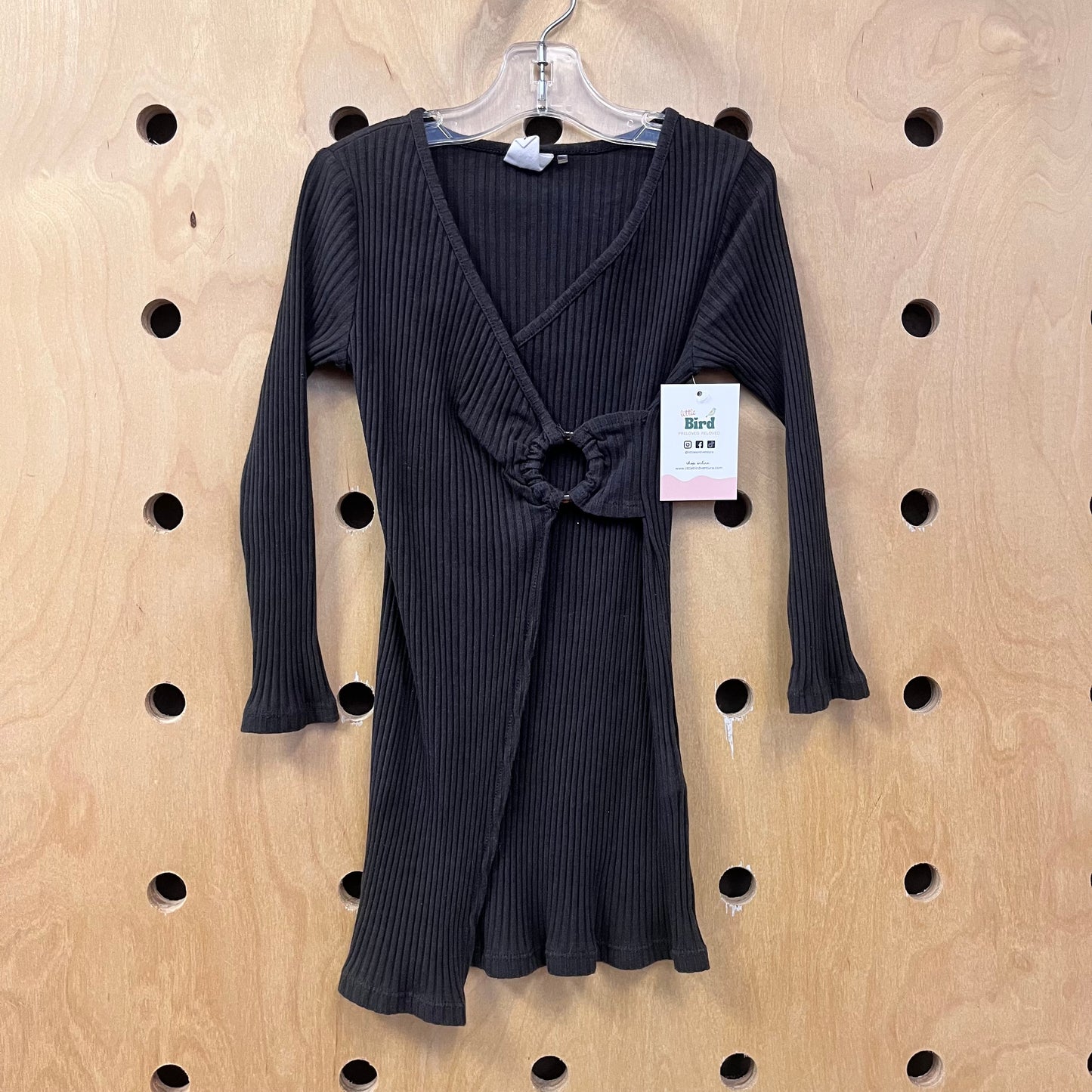 Black Ribbed Cinched Belted Dress