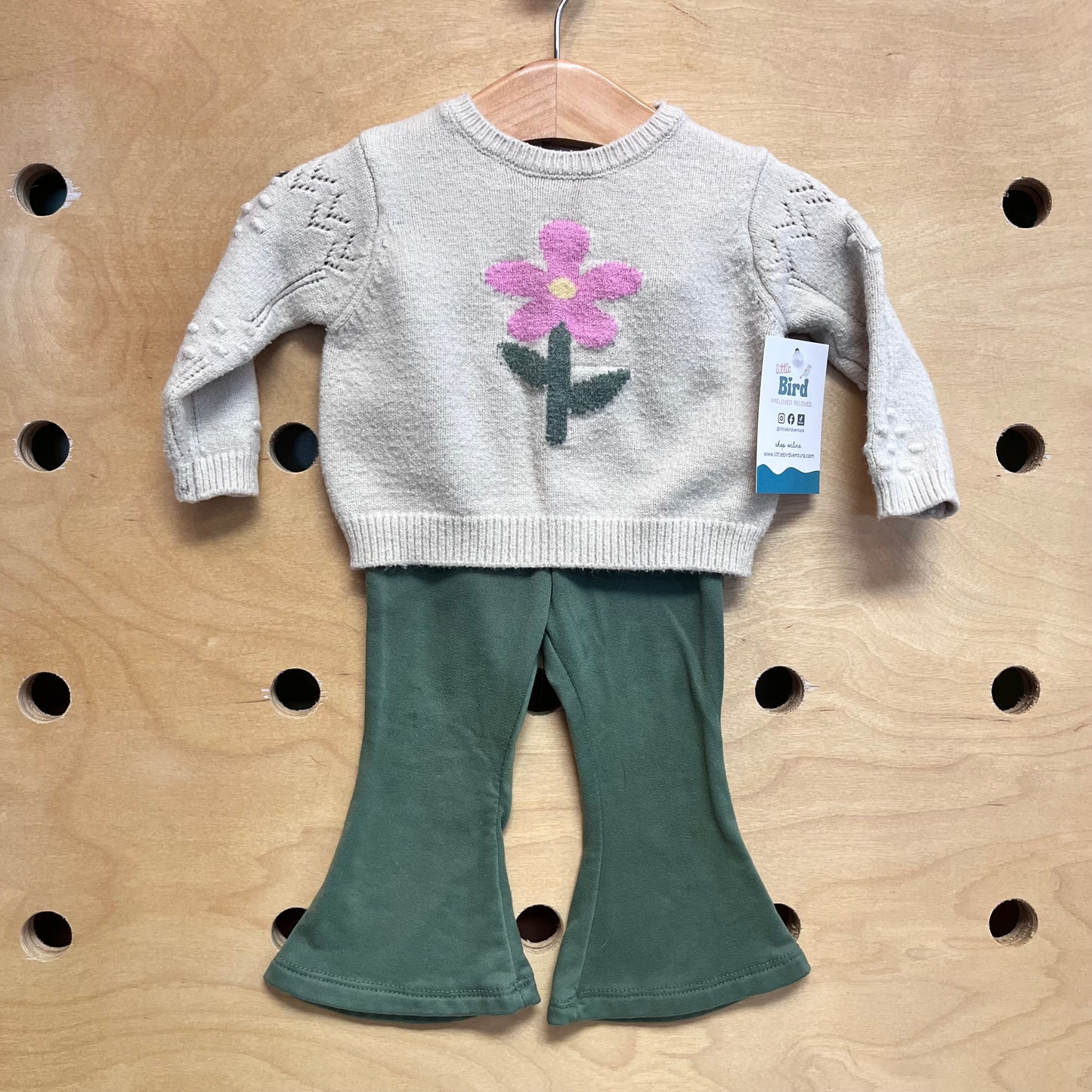Tan Knit Flower Sweater/Green Leggings
