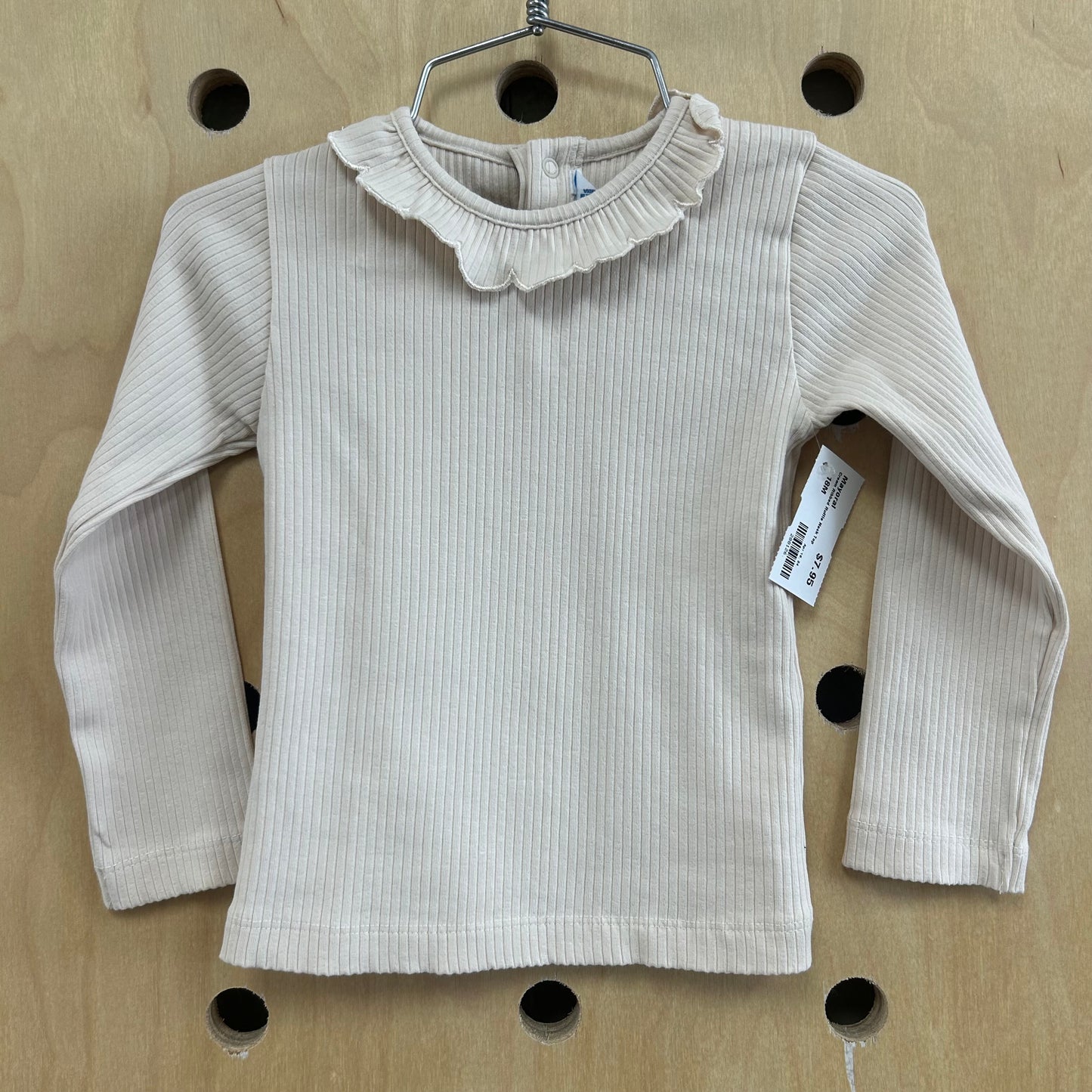 Cream Ribbed Ruffle Neck Top