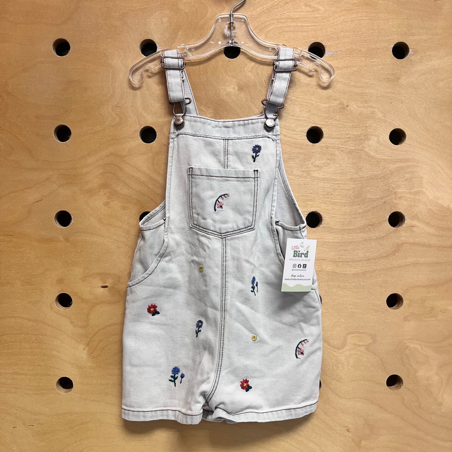 Light Wash Floral Embroidered Denim Overalls