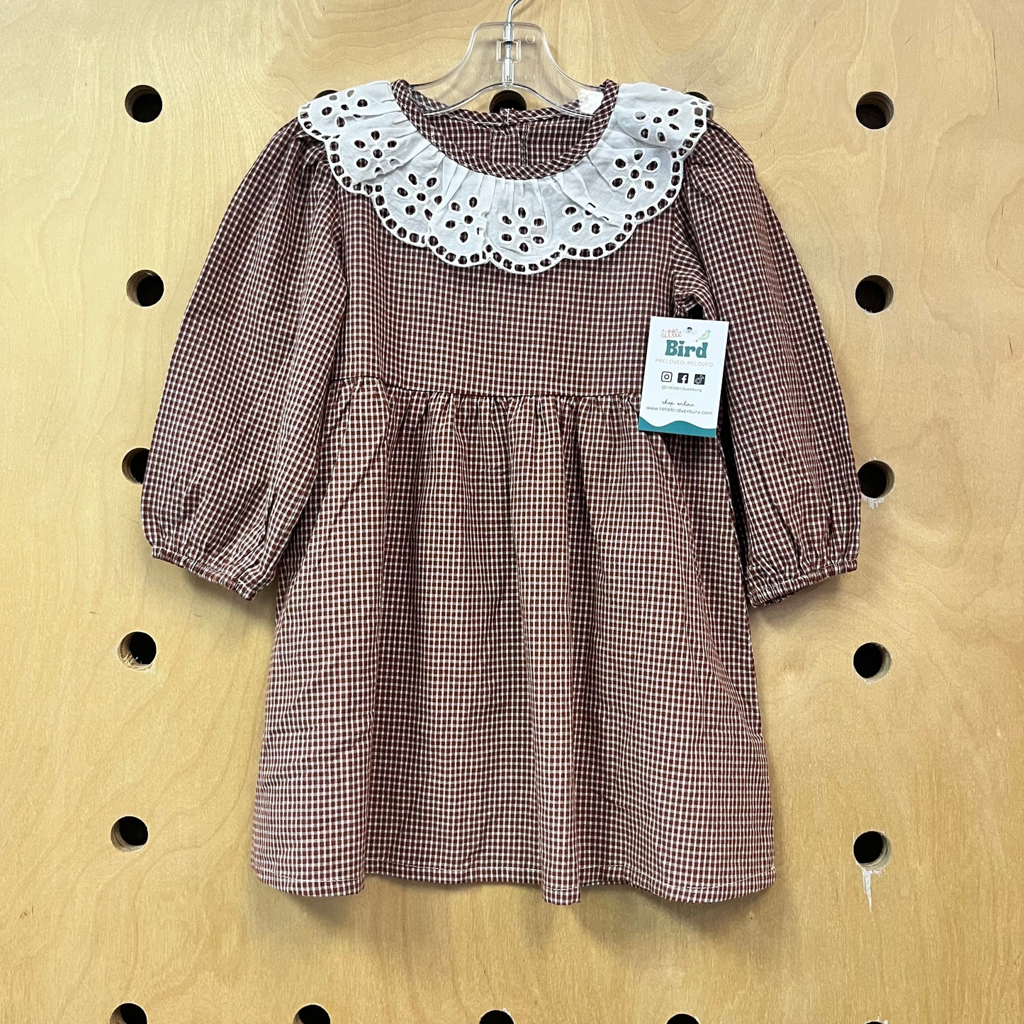 Brown Gingham Eyelet Collar Dress