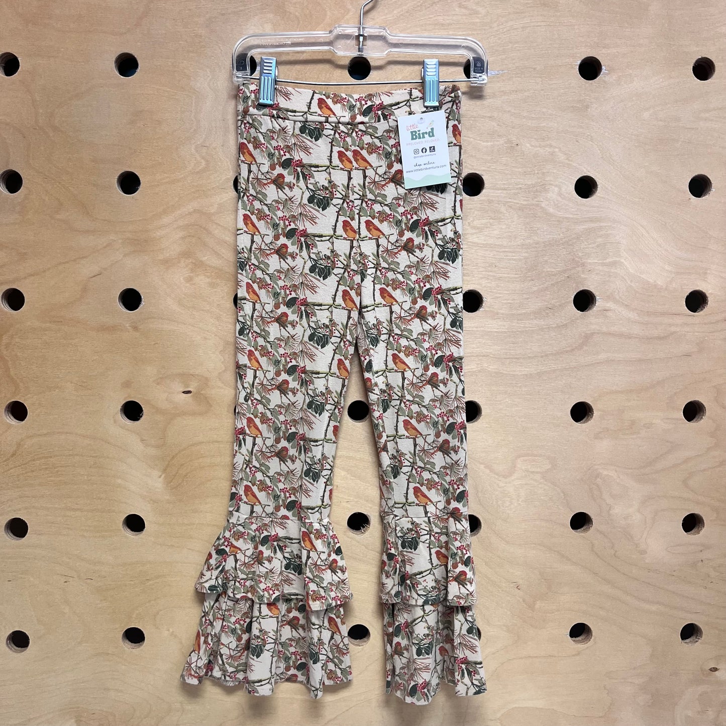 Beige Bird on a Branch Bamboo Ruffle Leggings