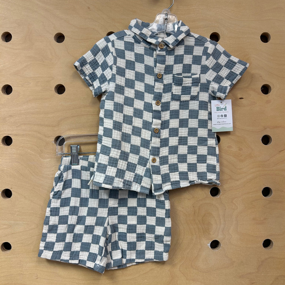 Organic Blue/Ivory Checkered Gauze Outfit