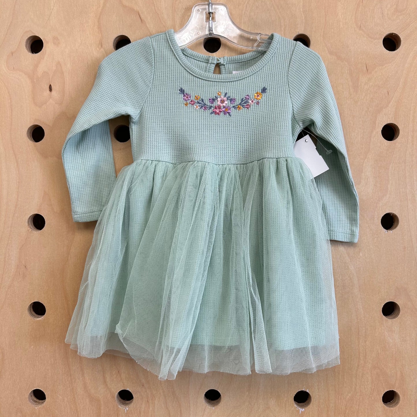 Green Tulle + Waffle LS Dress