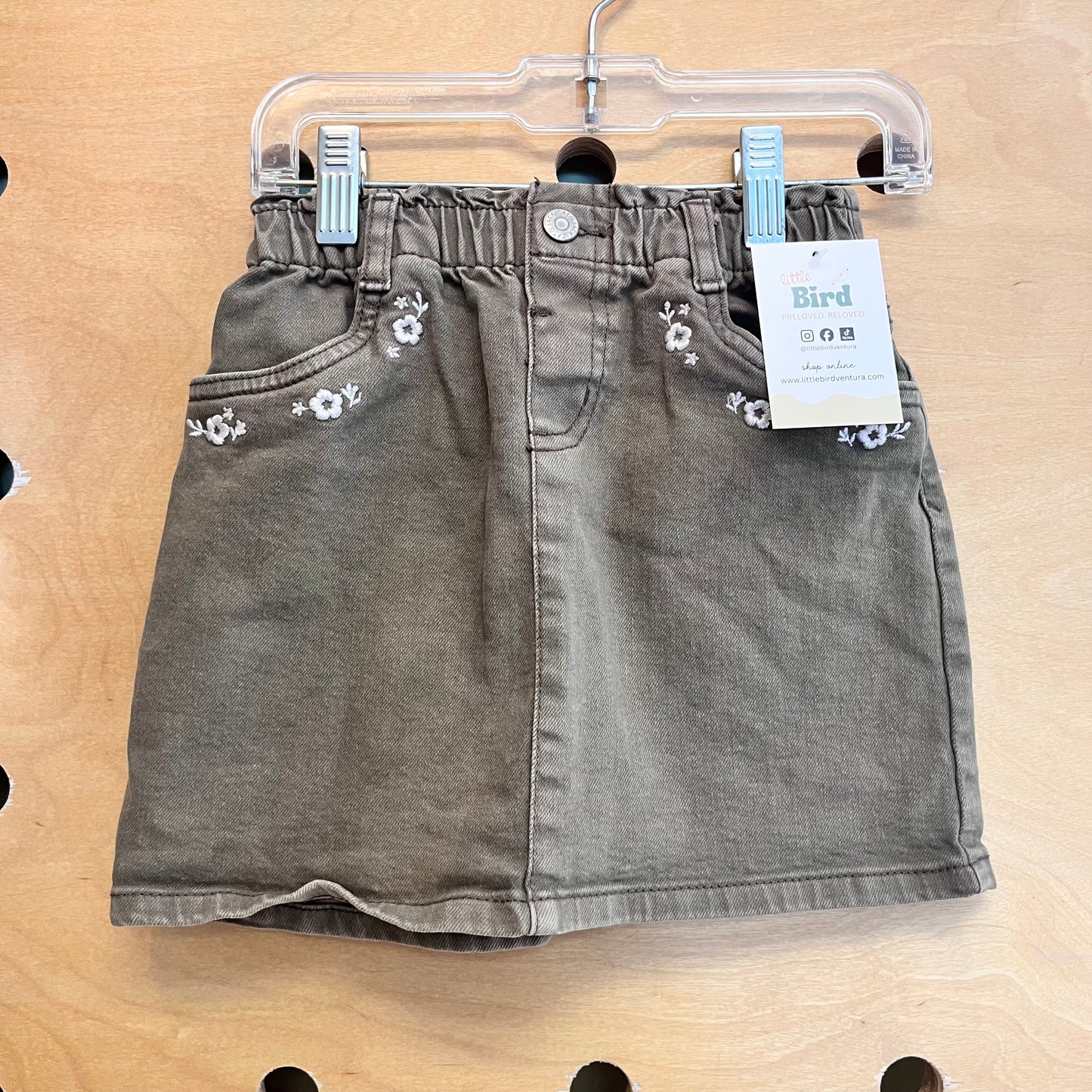 Olive Embroidered Denim Skirt