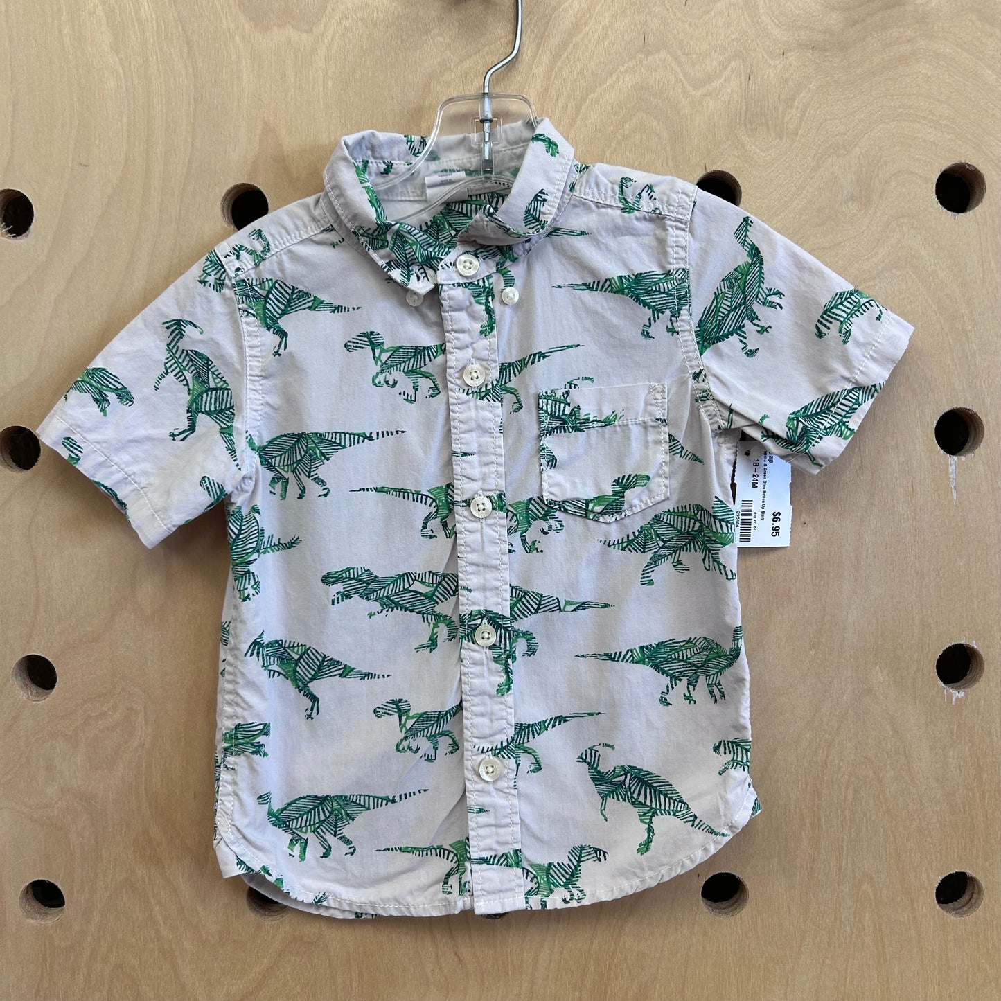 White & Green Dino Button Up Shirt