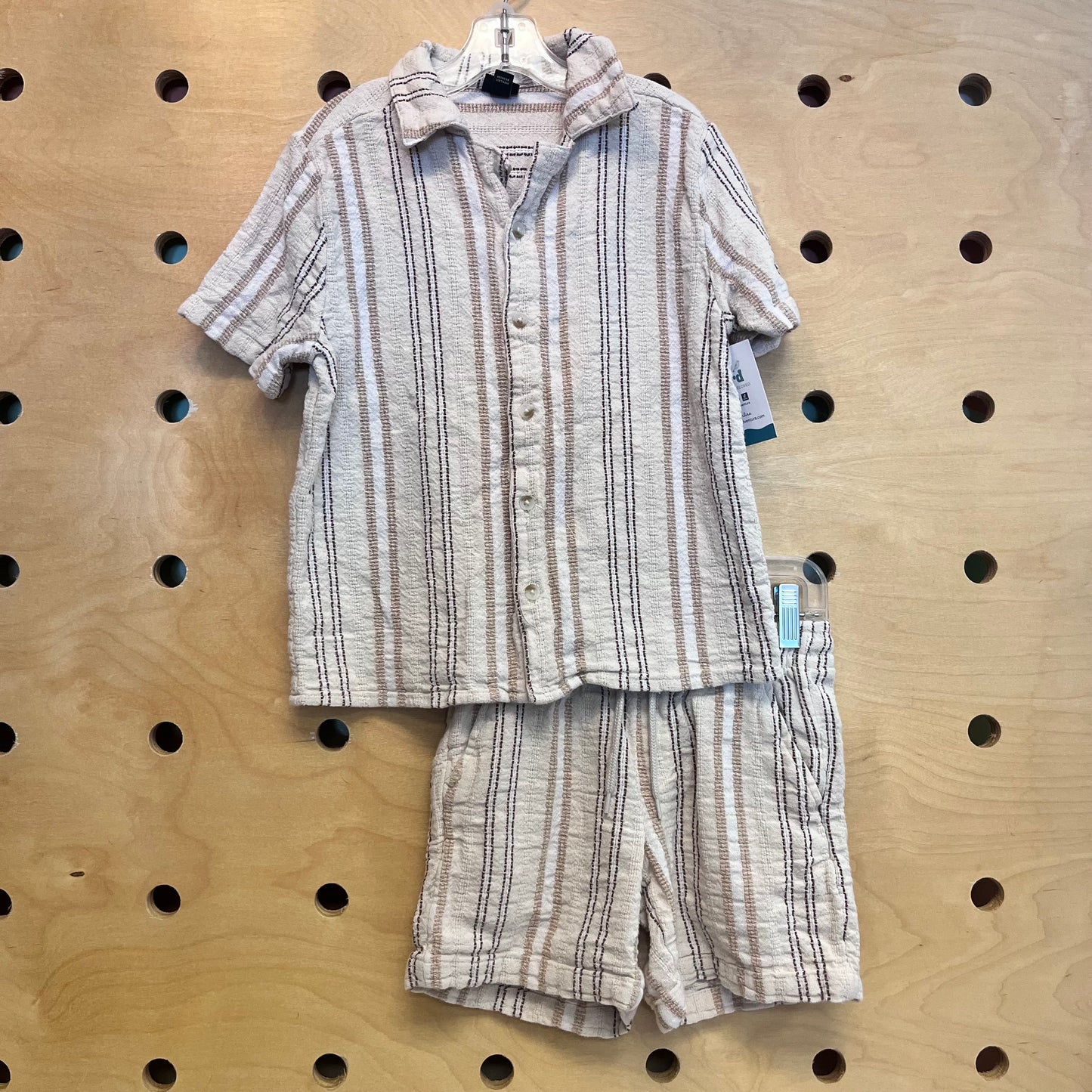 Beige Textured Stripe Button Up Outfit