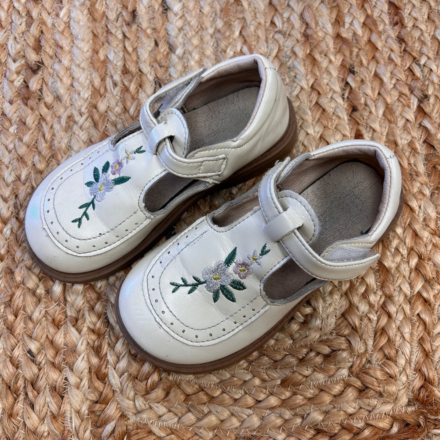 Beige Floral Mary Jane Shoes