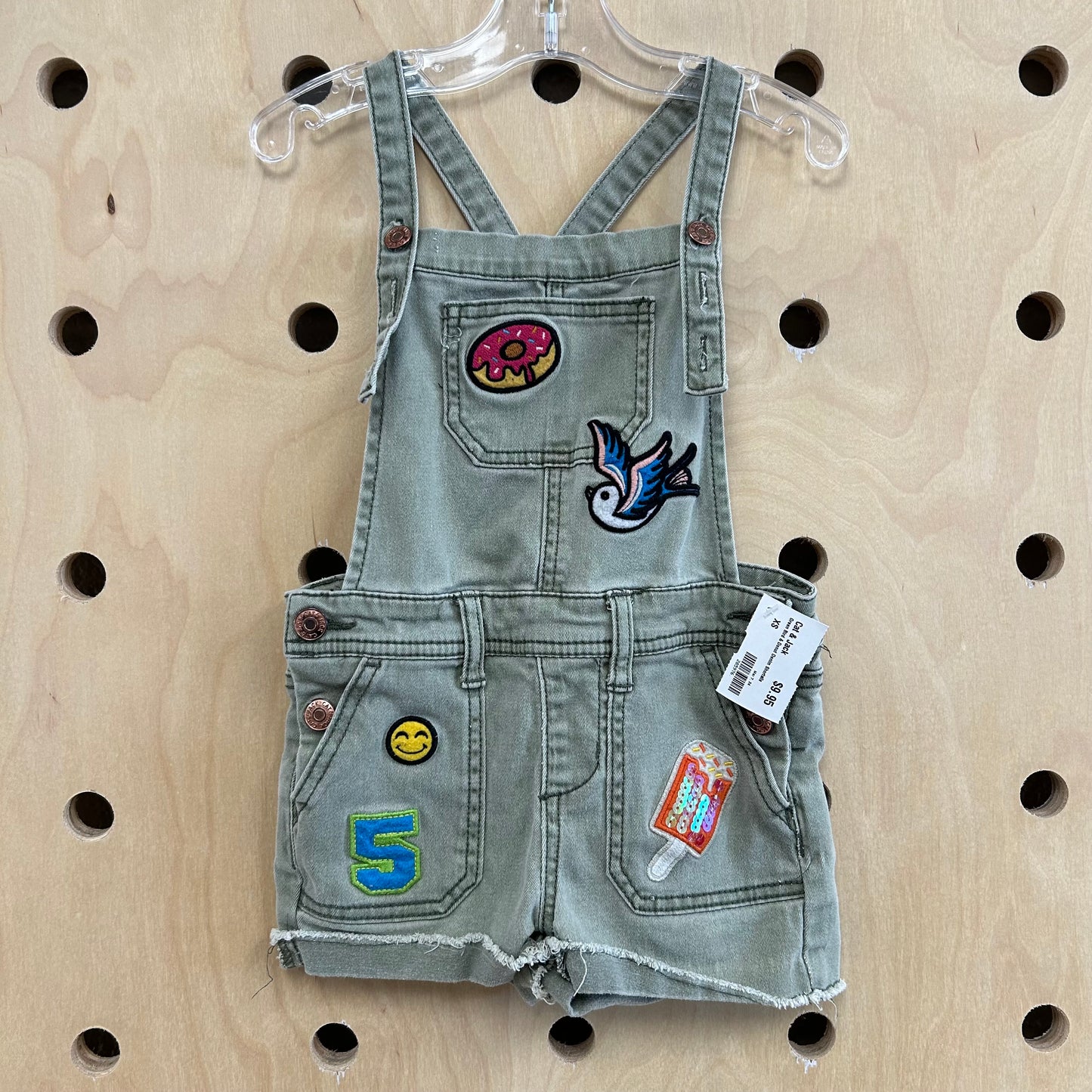 Green Bird & Donut Denim Shortalls