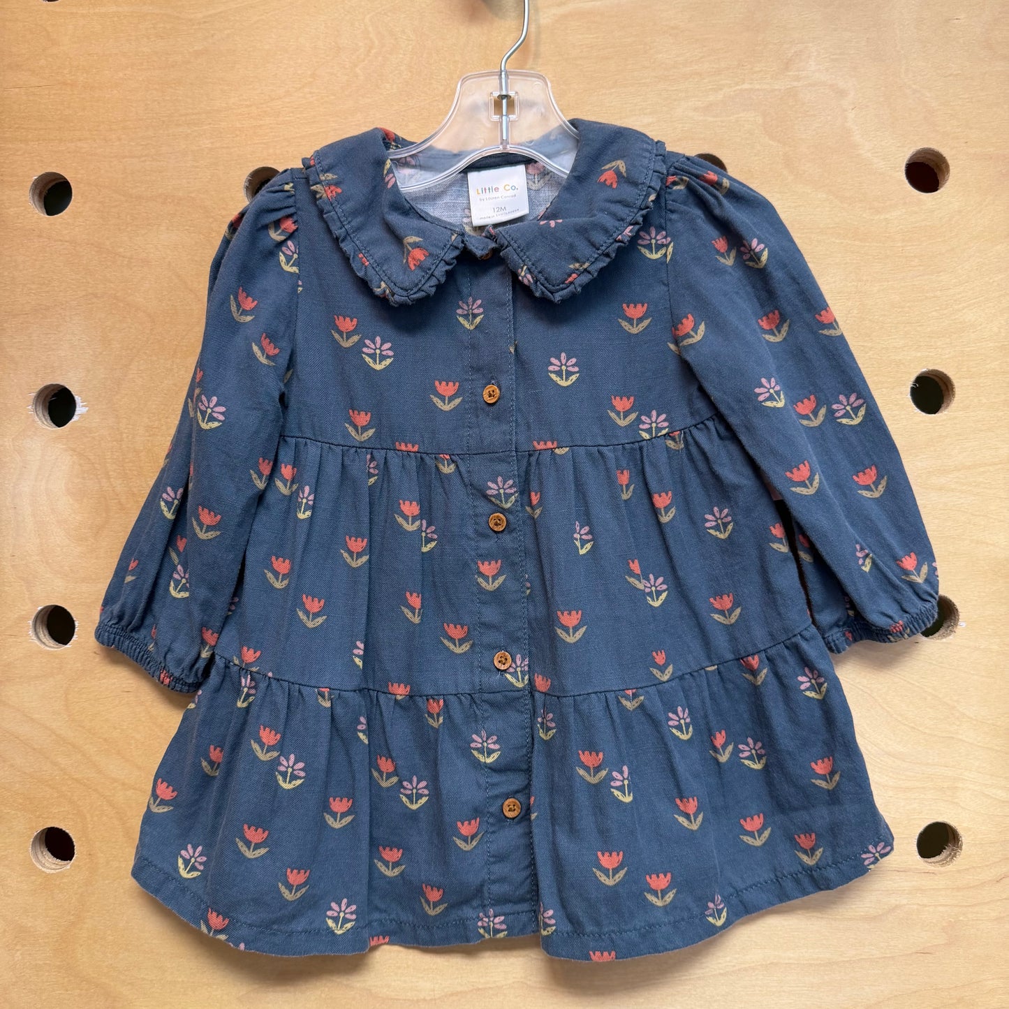 Teal Floral Collared LS Dress