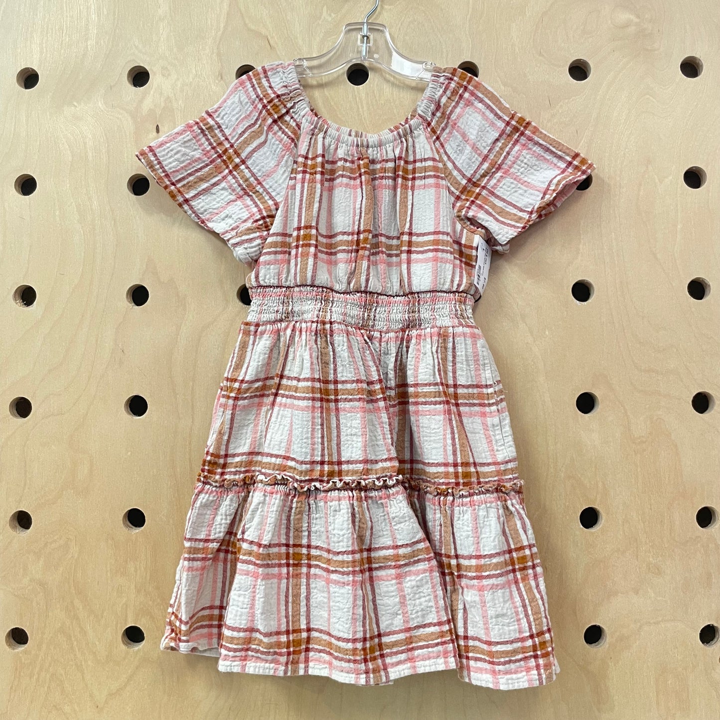 Beige Plaid Smocked Waist Dress