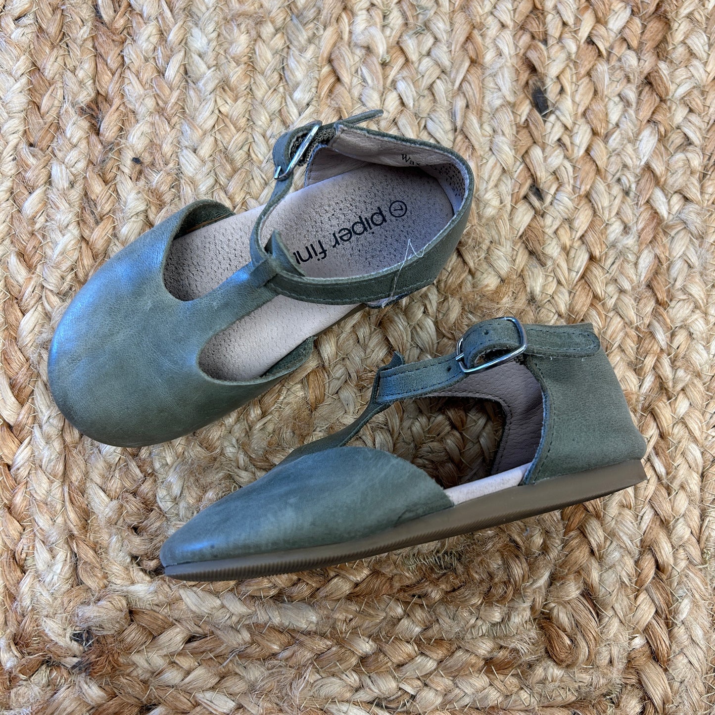 Green Leather T-Strap Flats