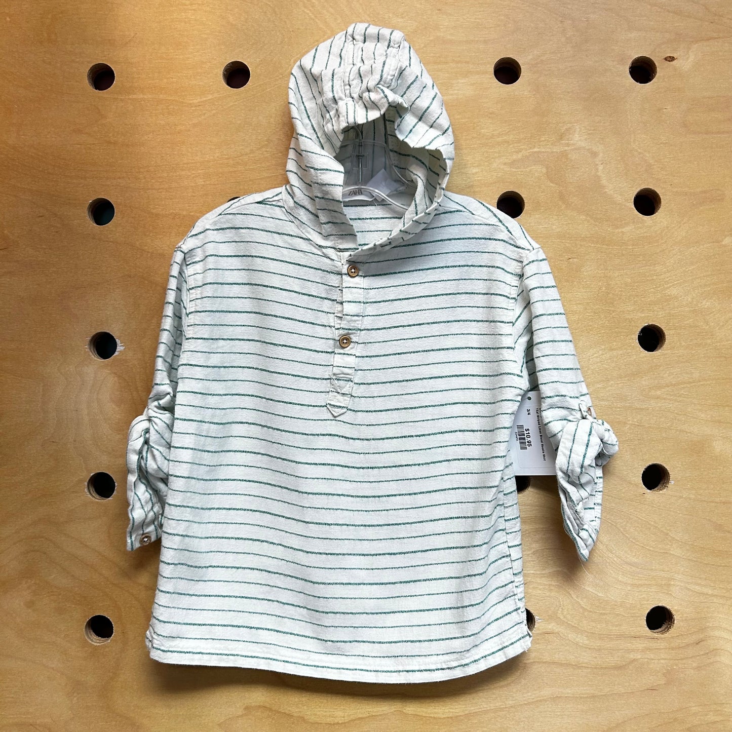 Teal Striped Linen Blend Hoodie Shirt