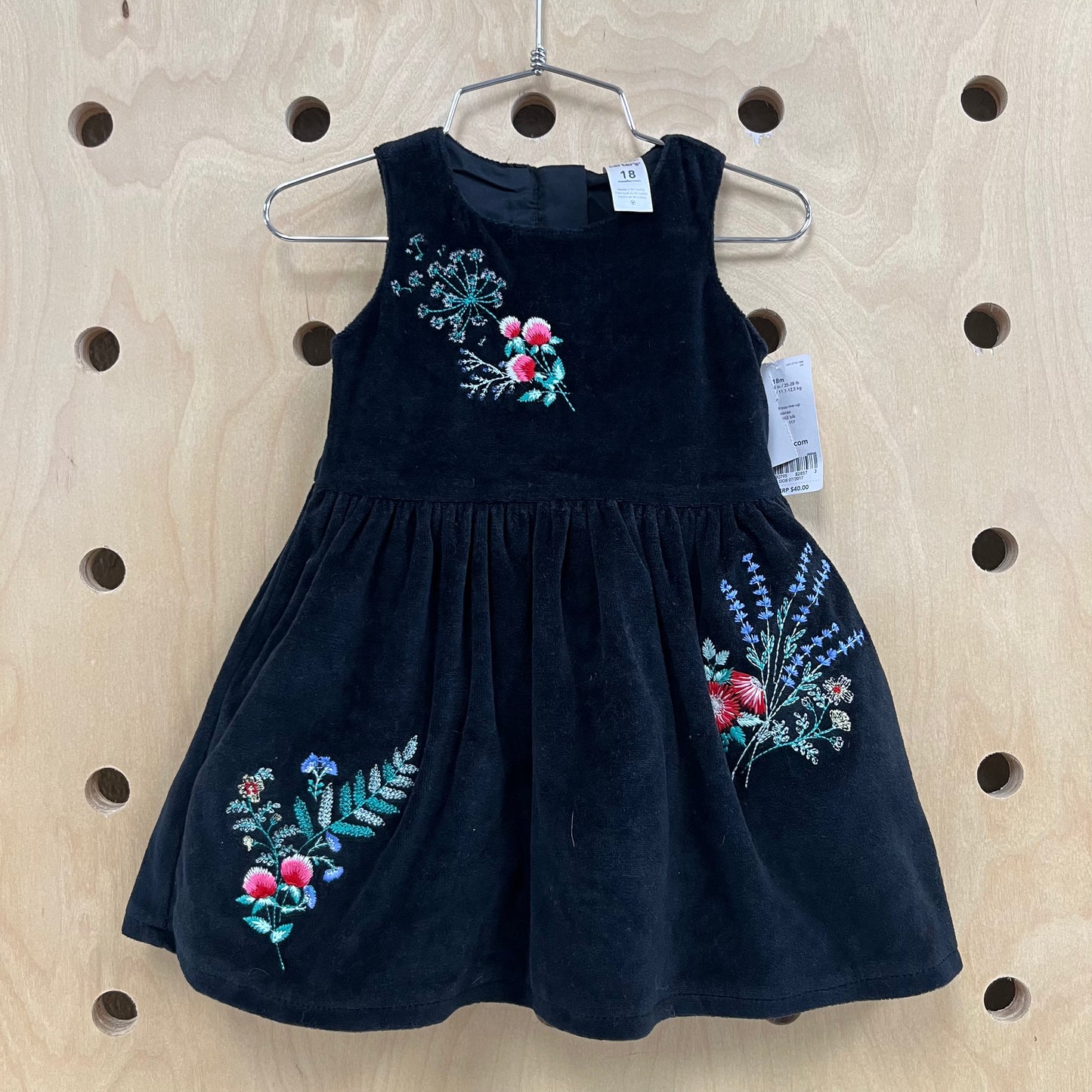 Black Velour Embroidered Floral Dress NEW!