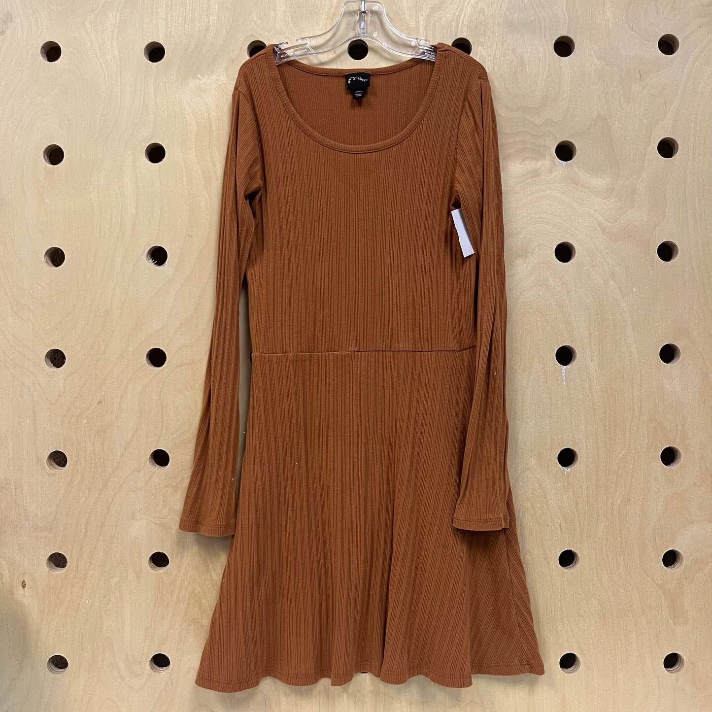 Brown Ribbed LS Dress
