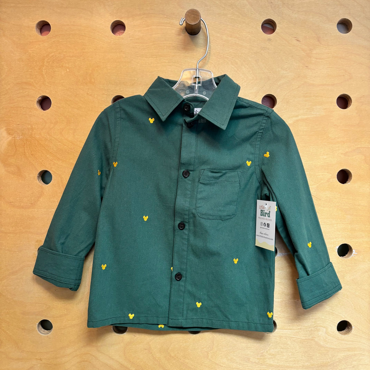 Green Embroidered Yellow Mickey Button Up