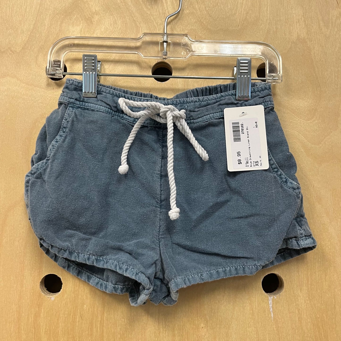 Blue Drawstring Linen Blend Shorts