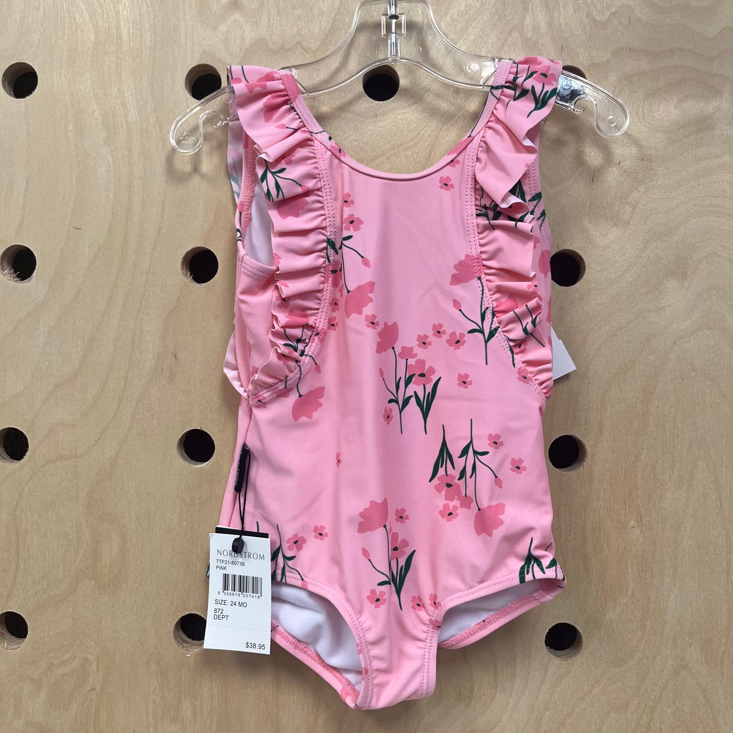 Pink Floral Ruffle Shoulder Swimsuit