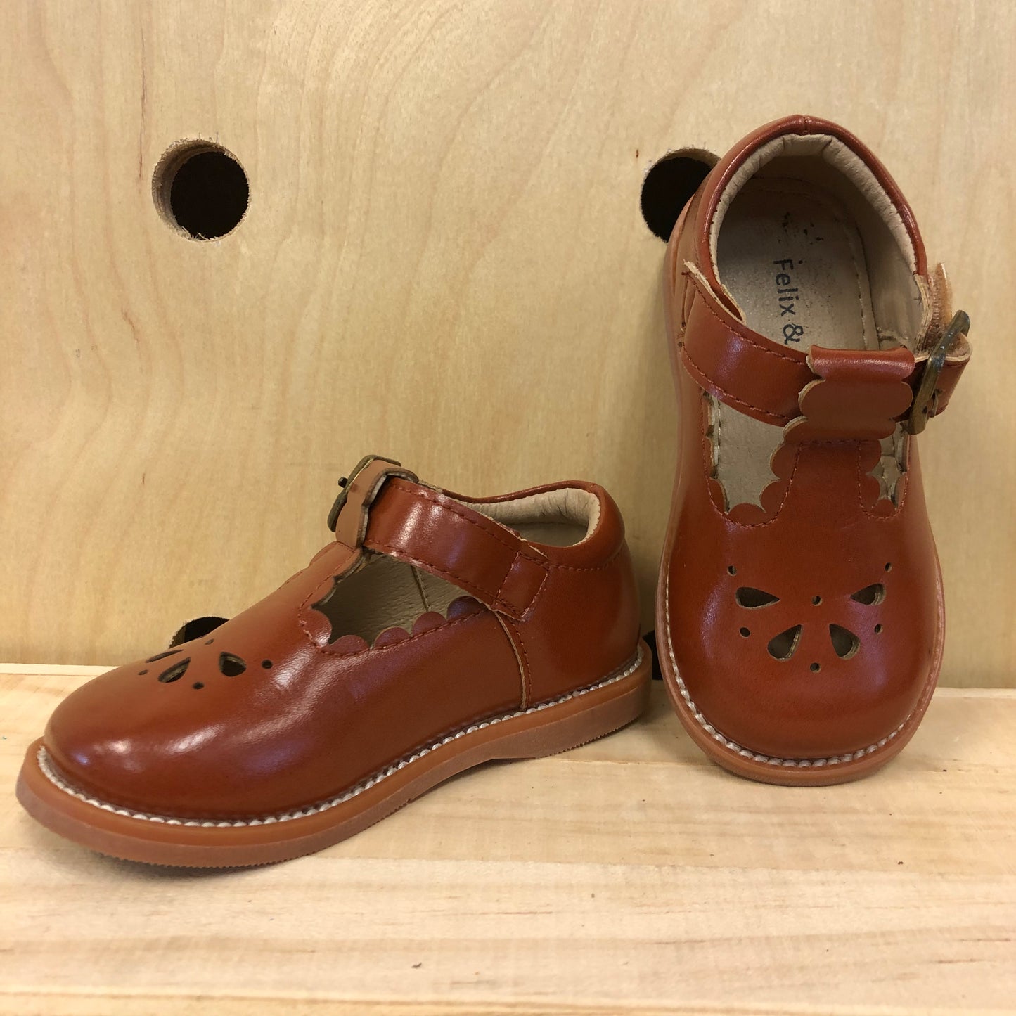 Brown Floral Scallop T-Strap Shoes