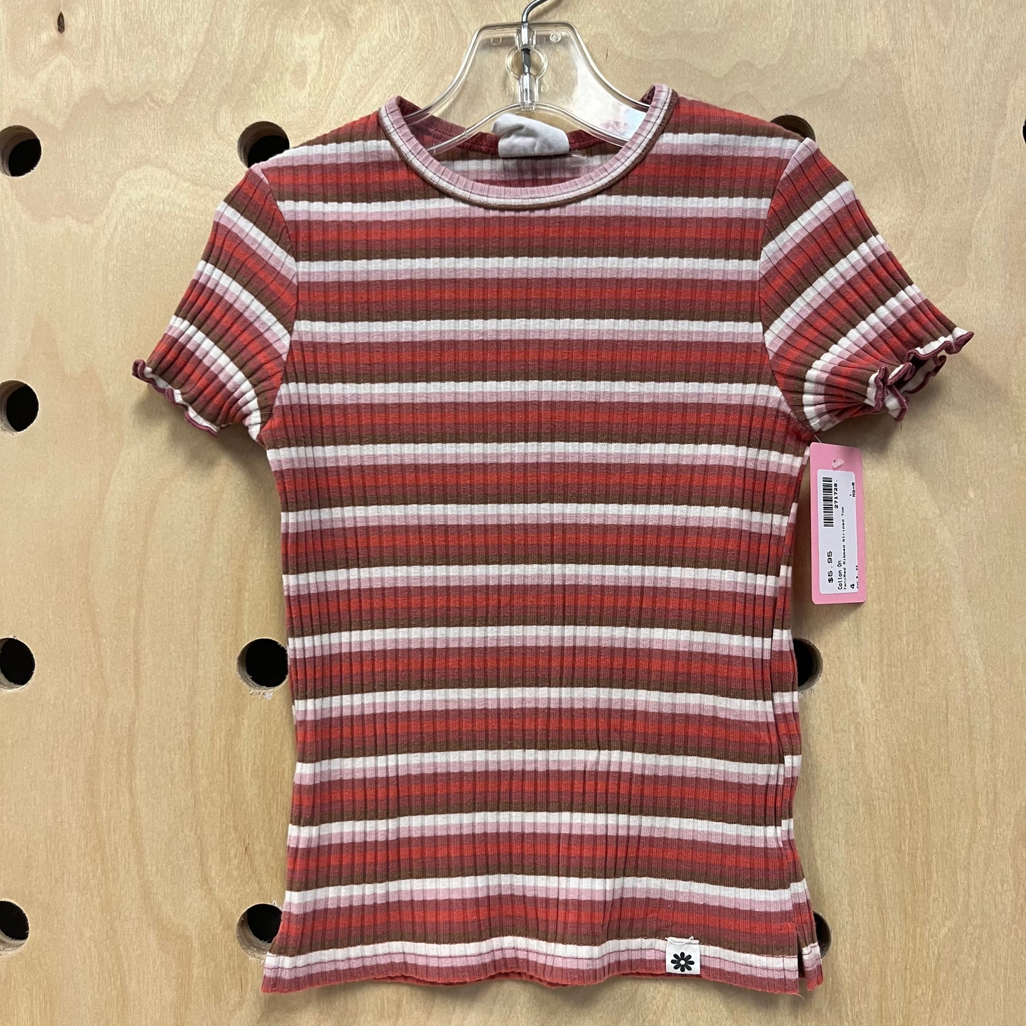 Tan+Red Ribbed Striped Top