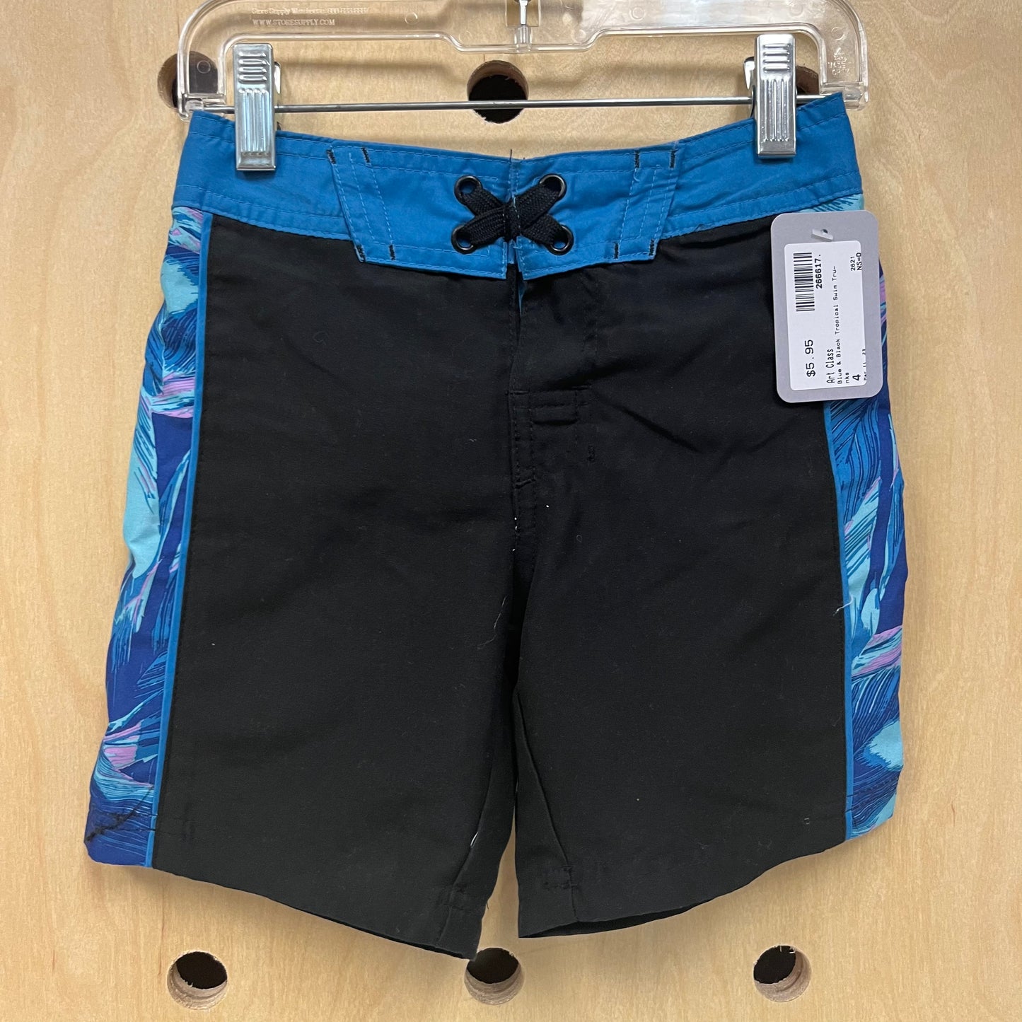 Blue & Black Tropical Swim Trunks